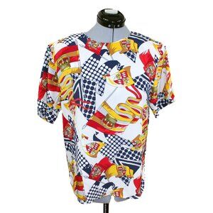 VTG LA CHINE PETITES Galinda Wang Blouse Flag Coat of Arms Nautical 70s Preppy